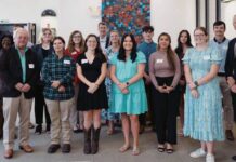 
			
				                                Pictured, back row, left to right, are Golden LEAF Director of Programs Marilyn Chism, Golden LEAF Scholarship Program Manager Arlena Dongilli, Quinton Rouse of Seven Springs, Caroline Jones of Mount Olive, Ashleigh Smith of Pink Hill, UMO President Dr. H. Edward Croom, Taylor Hall of Autryville, Mark Anderson of Asheville, Hannah Hoyle of Grover, and Riley Howard of Mount Olive. Front Row (L-R): Golden LEAF Board Member Jeffrey Lee, Kaleb Buckingham of Weeksville, Kaitlyn Ward of Belvidere, Macy Parkhurst of Pikeville, Evelyn Trejo of Goldsboro, Katelyn Gregory of Mount Olive, and Golden LEAF President and Chief Executive Officer Scott T. Hamilton. (UMO photo)
 
			
		