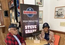 
			
				                                Seated at their restaurant on Arrington Bridge Road, Steve Grady (left) and wife Gerri display the poster and trophy Steve recently received when he was inducted into the American Royal Barbecue Hall of Fame. The couple, owners of Grady’s Barbecue, flew to Kansas City, Missouri, earlier this month for the induction ceremony. (Kathy Grant Westbrook|mountolivetribune.com)
 
			
		