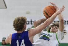 
			
				                                Spring Creek’s Nathan Jackson gets fouled by Midway’s Wyatt Herring on a second-half baseline shot Monday evening. (Rudy Coggins|mountolivetribune.com)
 
			
		