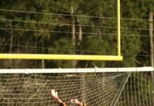 
			
				                                Southern Wayne’s goalie Estrella Quirks Salazar attempts to block a shot. (Robert Taylor|mountolivetribune.com)
 
			
		